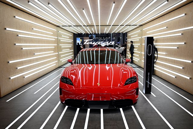 A Porsche GTS is displayed during the 21st Shanghai International Automobile Industry Exhibition at the National Exhibition and Convention Center in Shanghai on April 24, 2025. (Photo by Wang Zhao/AFP Photo)