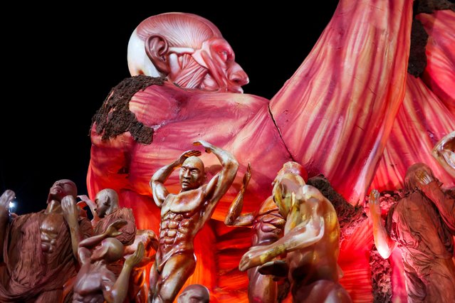 Sculptures are displayed on a float by Vila Isabel Samba School on the night of the Carnival parade at the Sambadrome, in Rio de Janeiro, Brazil on February 13, 2024. (Photo by Pilar Olivares/Reuters)