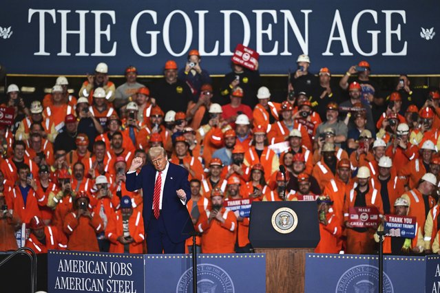 President Donald Trump dances after speaking at the U.S. Steel Mon Valley Works-Irvin plant, Friday, May 30, 2025, in West Mifflin, Pa. (Photo by David Dermer/AP Photo)