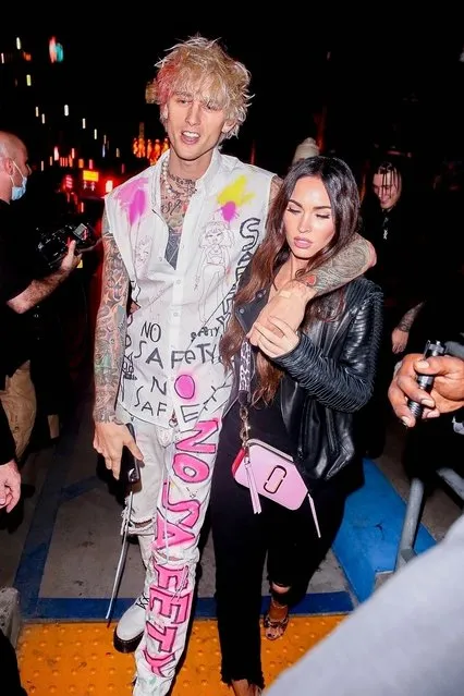 Megan Fox and Boyfriend Machine Gun Kelly are seen leaving dinner together in Hollywood on September 25, 2020. The love birds can be seen sitting in their party bus waiting to leave after grabing a bite to eat. Megan attempted to hide from the flash frenzy from paparazzi, but MGK embraced the attention. (Photo by Backgrid USA)