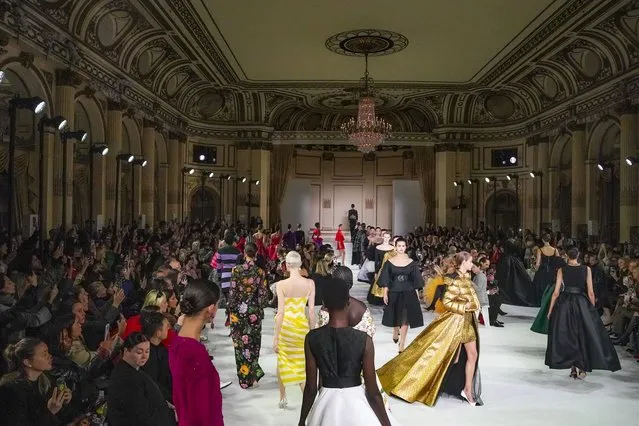 Fashion from Carolina Herrera's latest collection is modeled during Fashion Week, Monday February 13, 2023, in New York. (Photo by Bebeto Matthews/AP Photo)