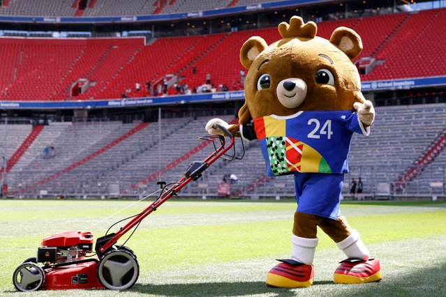 This photo taken on May 13, 2024 shows Albaert, mascot of the UEFA Euro 2024, mowing the lawn during a presentation of the trophy for the UEFA Euro 2024 European Football Championship inside the Allianz Arena that will be called Munich Football Arena during the UEFA Euro 2024 European Football Championships in Munich, southern Germany. The UEFA EURO 2024 European Football Championship will take place from June 14 to July 14 in ten stadiums around Germany including Munich Football Arena. (Photo by Alexandra Beier/AFP Photo)