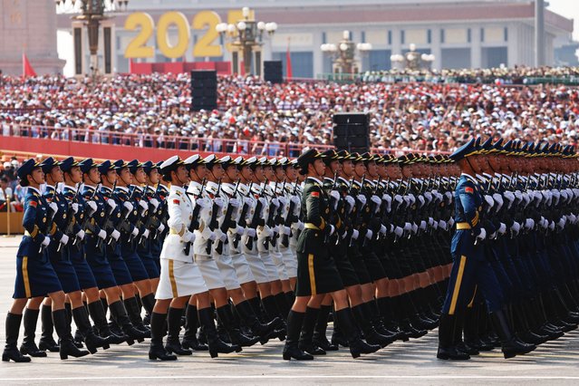 Chinese People's Liberation Army (PLA) honour guard members march during a military parade to mark the 80th anniversary of the end of World War Two, in Beijing, China, on September 3, 2025. (Photo by Tingshu Wang/Reuters)