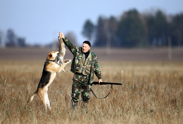 A hunter holds a hare he just killed during a hunt in a field near the village of Novosyolki, Belarus November 5, 2016. (Photo by Vasily Fedosenko/Reuters)
