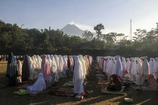Indonesian Muslims offer Eid al-Fitr prayers to mark the end of the holy fasting month of Ramadan as Mount Merapi is seen in the background at Sleman, Yogyakarta, Indonesia, Friday, June 15, 2018. (Photo by Slamet Riyadi/AP Photo)