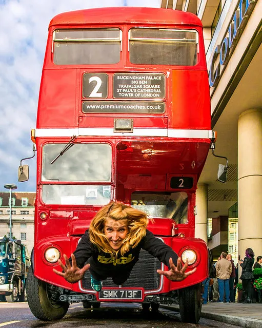 Yoga in front of a London Red Bus, London. (Photo by Kristina Kashtanova/Caters News)