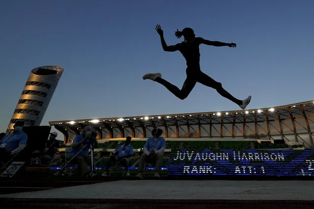 JuVaughn Harrison competes during the finals of the men's long jump at the U.S. Olympic Track and Field Trials Sunday, June 27, 2021, in Eugene, Ore. (Photo by Charlie Riedel/AP Photo)