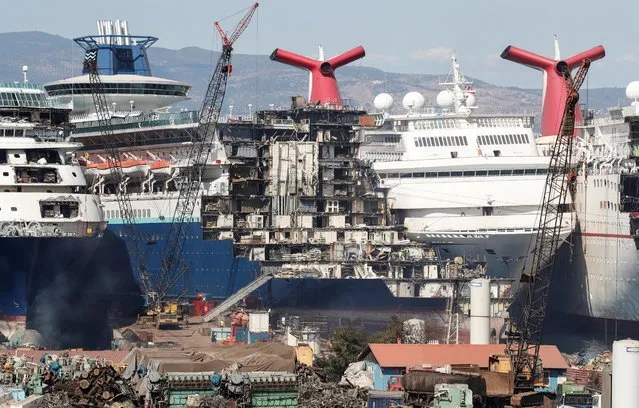 Decommissioned cruise ships are being dismantled at Aliaga ship-breaking yard in the Aegean port city of Izmir, western Turkey, October 2, 2020. (Photo by Umit Bektas/Reuters)