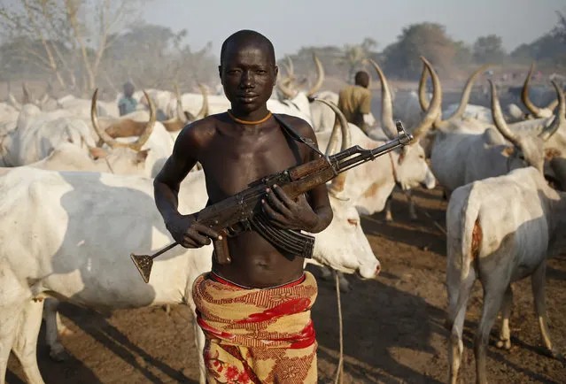 A man from Dinka tribe holds his AK 47 rifle in front of cows in a Dinka cattle herders camp near Rumbek, capital of the Lakes State in central South Sudan December 14, 2013. (Photo by Goran Tomasevic/Reuters)