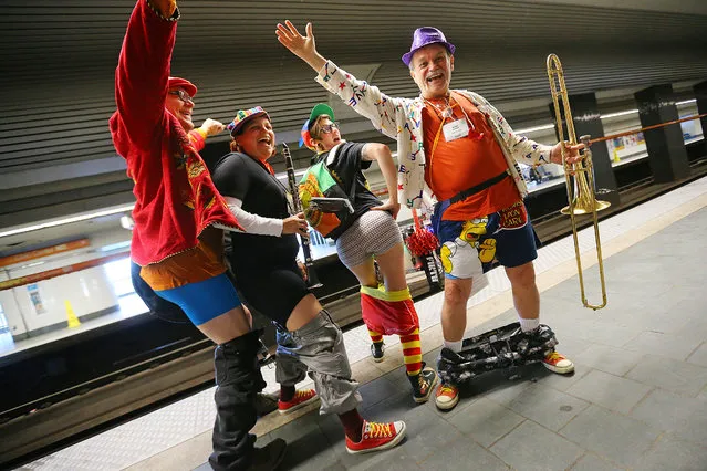 Members of the Seed and Feed Marching Abominable band Eugene Grayson (from left), Cecilia Matthis, Britt Williams, and Charles Bohanan get into the spirit of the event showing off their underpants during the No Pants Subway Ride Atlanta 2014 event on MARTA, Sunday, January 12, 2014, in Atlanta. (Photo by Curtis Compton/Atlanta Journal & Constitution)