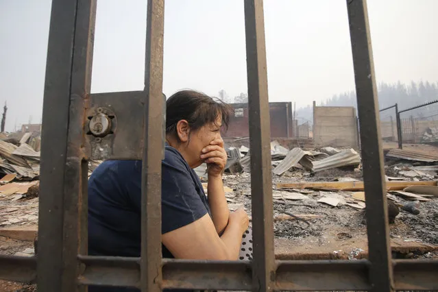A woman sits on remains of a home destroyed by fire in Santa Olga, Chile, Thursday, January 26, 2017. Chilean officials say that the town of Santa Olga was consumed in the flames of the country's worst wildfires, but its 6,000 residents escaped unharmed. The flames engulfed the post office, a kindergarten, and hundreds of homes Thursday in the town located 220 miles (360 kilometers) south of the Chilean capital. (Photo by Javier Torres/Aton via AP Photo)