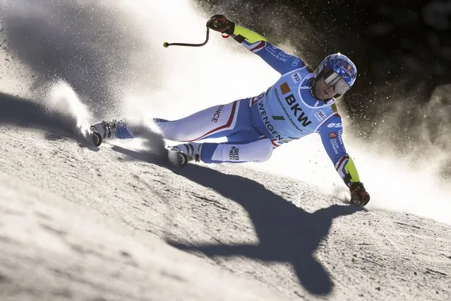 France’s Alexis Pinturault speeds down the course during an alpine ski, men’s World Cup super-G race, in Wengen, Switzerland, Friday, January 12, 2024. (Photo by Jean-Christophe Bott/Keystone via AP Photo)