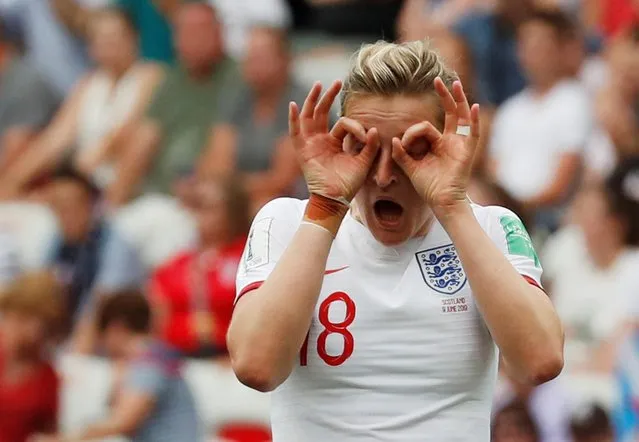 England's forward Ellen White celebrates after scoring a goal during the France 2019 Women's World Cup Group D football match between England and Scotland, on June 9, 2019, at the Nice Stadium in Nice, southeastern France. (Photo by Eric Gaillard/Reuters)
