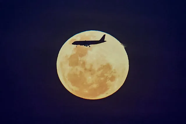 A plane is pictured flying past the rising full moon, also known as the “Worm Moon” in Singapore on March 25, 2024. (Photo by Roslan Rahman/AFP Photo)