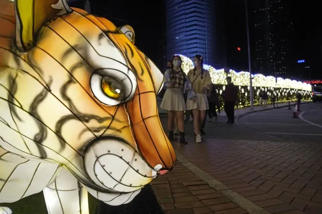 People wearing masks to help protect from the coronavirus, walk past a lantern depicting a tiger ahead of Lunar New Year celebrations in Hong Kong, Sunday, January 30, 2022. (Photo by Kin Cheung/AP Photo)