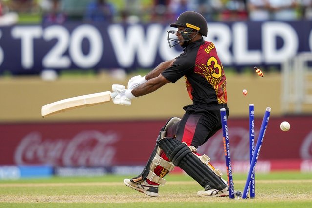 Papua New Guinea's Sese Bau is bowled by West Indies' Alzarri Joseph during an ICC Men's T20 World Cup cricket match at Guyana National Stadium in Providence, Guyana, Sunday, June 2, 2024. (Photo by Ramon Espinosa/AP Photo)
