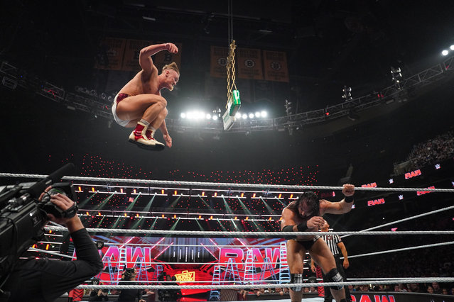 Ilja Dragunov in air against Drew McIntyre during Monday Night RAW at TD Garden on July 1, 2024 in Boston, Massachusetts. (Photo by WWE/Getty Images)