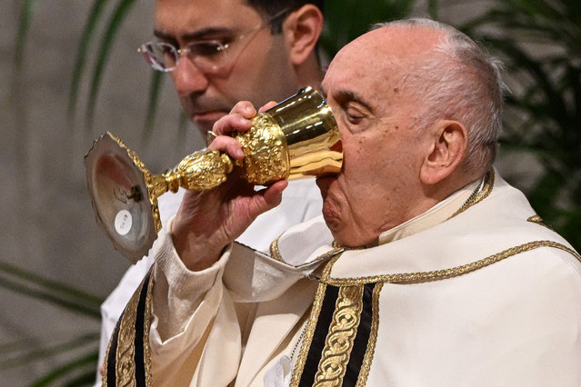 Pope Francis drinks from the Chalice as he presides over the celebration of Chrism Mass as part of the Holy Week on April 6, 2023 at St. Peter's basilica in The Vatican. (Photo by Andreas Solaro/AFP Photo)