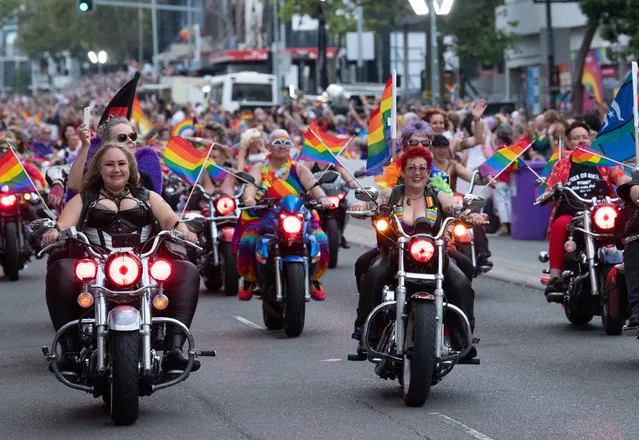 Participants on motorcycles take part in the 42nd annual Gay and Lesbian Mardi Gras parade in Sydney, Australia, 29 February 2020. (Photo by James Gourley/EPA/EFE)
