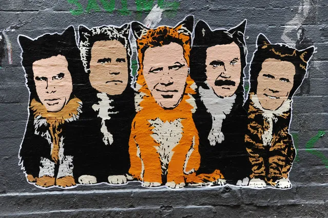Here's Will Ferrell as you've never seen him before. The Hollywood funnyman appears in the latest work by New York City graffiti artist, Hanksy, 2012. “Feral Cats” features the actor's head from various movie roles plastered on to the bodies of several different cats. Hanksy found fame by combining the likeness of actor Tom Hanks with the stencil-style of British street artist Banksy. This latest work was unveiled on a wall in New York's Lower East Side. (Photo by Jason Winslow/Splash News and Pictures)