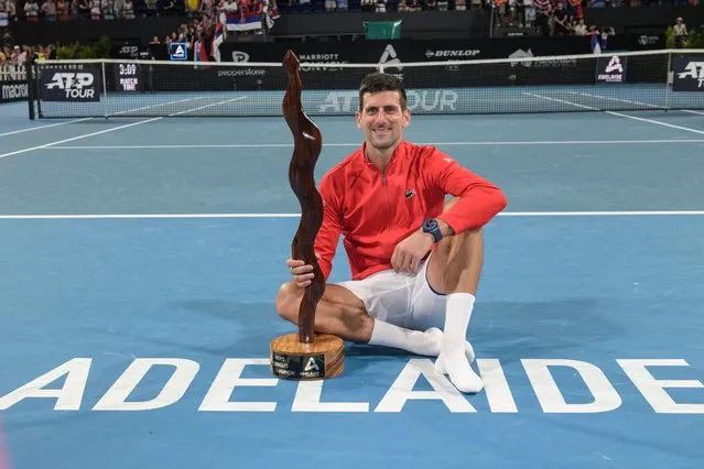 Serbian tennis player Novak Djokovic celebrates after winning the final of the ATP Adelaide International tournament against Sebastian Korda of the US in Adelaide on January 8, 2023. (Photo by Brenton Edwards/AFP Photo)
