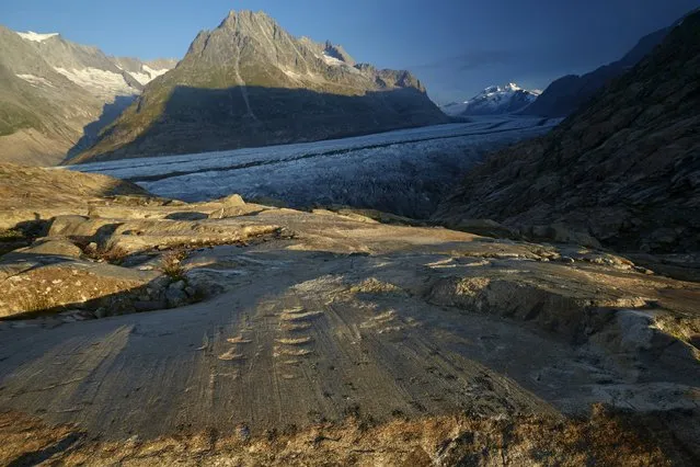 Marks left by ice are pictured on a rock with the Aletsch Glacier in the background in Fiesch, Switzerland, August 12, 2015. (Photo by Denis Balibouse/Reuters)