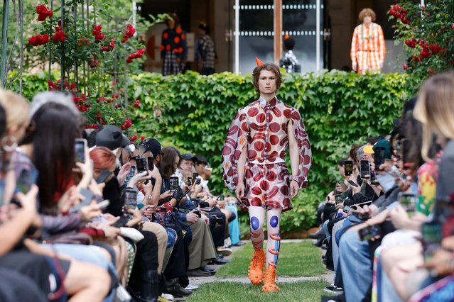 A model presents a creation by designer Walter Van Beirendonck as part of his Menswear ready-to-wear Spring Summer 2025 collection show during Men's Fashion Week in Paris, France, on June 19, 2024. (Photo by Johanna Geron/Reuters)