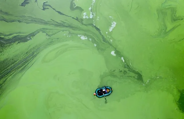 A fisherman in a rubber boat is surrounded by rotting cyanobacteria in the Kyiv Water Reservoir near Kyiv, Ukraine, Sunday, November 15, 2020. The region was rocked by extreme hot weather throughout 2020 that resulted in widespread damage to agricultural crops and destruction to the natural habitat of some species. (Photo by Efrem Lukatsky/AP Photo)
