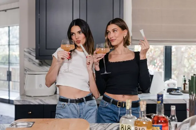 American models, media personalitys and socialite Hailey Bieber (R) and Kendall Jenner on Set of What's in My Kitchen? in the second decade of April 2023. (Photo byTori Time/OBB Media)