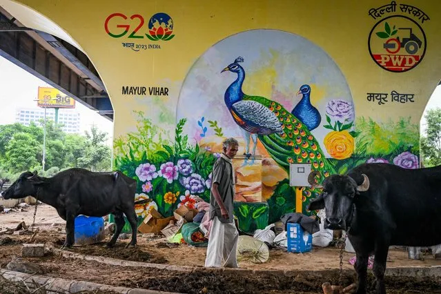 A man walks past a mural with the logo of India's G20 summit, beneath a bridge in New Delhi on August 11, 2023. (Photo by Arun Sankar/AFP Photo)
