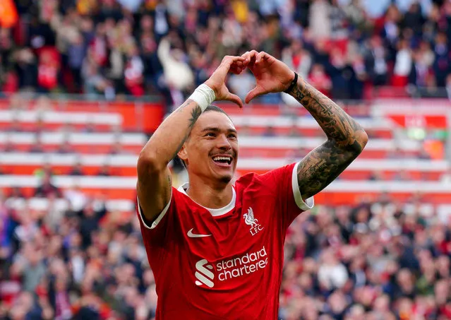 Liverpool's Darwin Nunez celebrates scoring their side's second goal of the game during the Premier League match at Anfield, Liverpool on Sunday, September 24, 2023. (Photo by Peter Byrne/PA Wire)