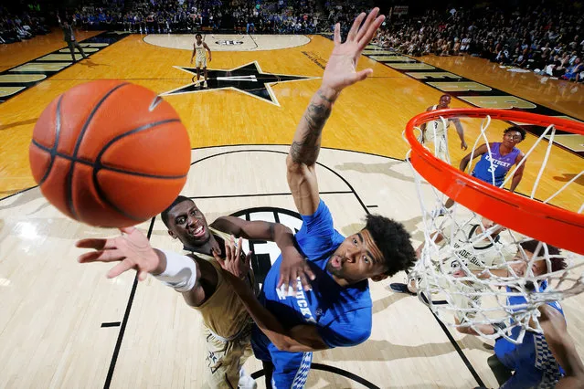 Nick Richards #4 of the Kentucky Wildcats defends against Simisola Shittu #11 of the Vanderbilt Commodores in the second half of the game at Memorial Gym on January 29, 2019 in Nashville, Tennessee. Kentucky won 87-52. (Photo by Joe Robbins/Getty Images)