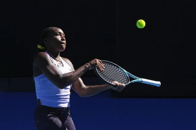 Coco Gauff of the United States practices on Rod Laver Arena ahead of the Australian Open tennis championships at Melbourne Park, Melbourne, Australia, Thursday, January 11, 2024. (Photo by Mark Baker/AP Photo)