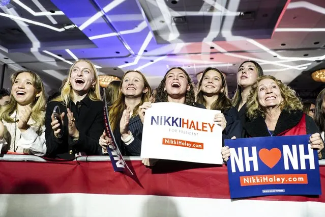 On the evening of the New Hampshire primary, supporters gather at Republican presidential candidate Nikki Haley’s election night party to watch the voting results come in at the Grappone Conference Center in Concord, New Hampshire on Tuesday, January 23, 2024. (Melina Mara/The Washington Post)