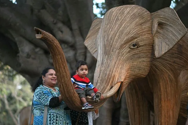 A woman along with a child pose for a picture in front of life-size models of an elephant made from lantana camara, an invasive weed species from the Nilgiris range, on display to create wildlife conservation awareness at the Lalbagh Botanical Garden in Bengaluru on February 10, 2024. (Photo by Idrees Mohammed/AFP Photo)