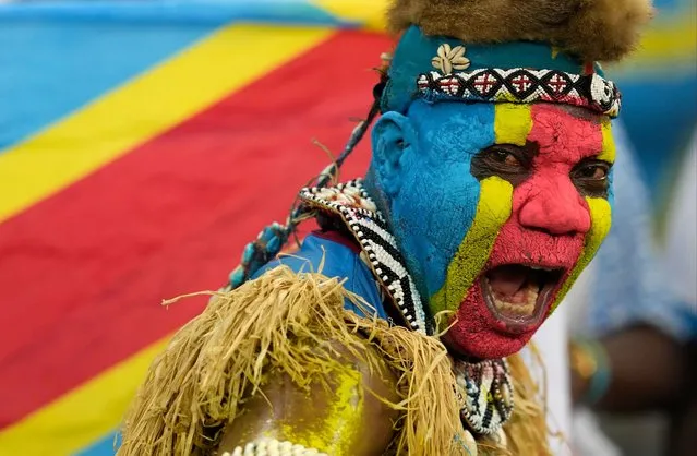 A Congolese supporter reacts before the African Cup of Nations semifinal soccer match between Ivory Coast and DR Congo, at the Olympic Stadium of Ebimpe in Abidjan, Ivory Coast, Wednesday, February 7, 2024. (Photo by Sunday Alamba/AP Photo)