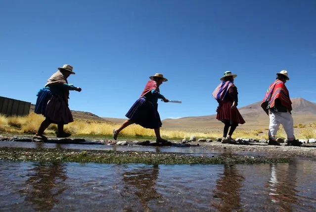 Bolivian indigenous walk near the Silala river, in Bolivia, 29 March 2016. According to media reports, Bolivian President Evo Morales threatens to sue Chile in the International Court of Justice in the Hague, The Netherlands asking for compensation after checking the watersheds of Silala river which have deviated into Chile. (Photo by Martin Alipaz/EPA)