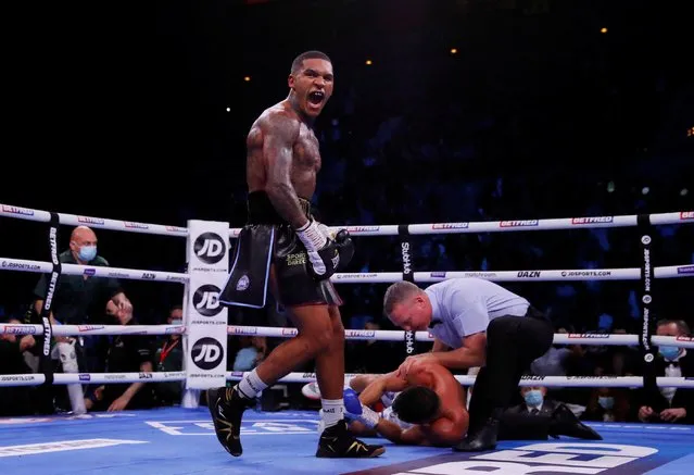 Conor Benn celebrates after knocking out Chris Algieri to win the WBA Continental Welterweight Title fight at the M&S Bank Arena in Liverpool, England on Saturday, December 11, 2021. (Photo by Andrew Couldridge/Action Images via Reuters)