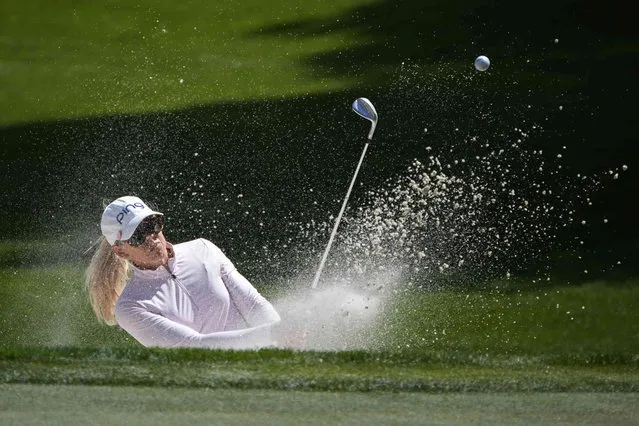 Pernilla Lindberg hits from a bunker at the ninth green during the second round of the LPGA T-Mobile Match Play golf tournament Thursday, April 4, 2024, in North Las Vegas, Nev. (Photo by John Locher/AP Photo)