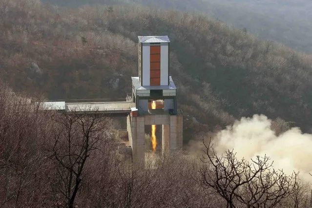 A new engine for an intercontinental ballistic missle (ICBM) is tested at a test site at Sohae Space Center in Cholsan County, North Pyongan province in North Korea in this undated photo released by North Korea's Korean Central News Agency (KCNA) on April 9, 2016. (Photo by Reuters/KCNA)
