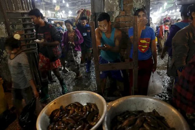 A worker uses his phone at San Pya fish market in Yangon, Myanmar February 15, 2016. (Photo by Soe Zeya Tun/Reuters)