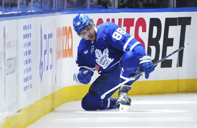 Toronto Maple Leafs' William Nylander (88) celebrates after his goal against the Boston Bruins during third-period action in Game 6 of an NHL hockey Stanley Cup first-round playoff series in Toronto, Thursday, May 2, 2024. (Photo by Nathan Denette/The Canadian Press via AP Photo)