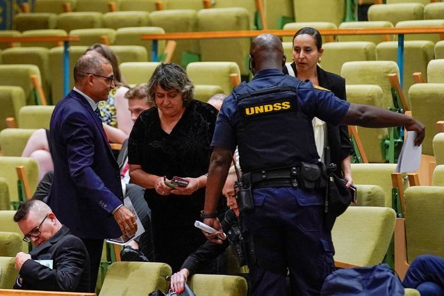 People protest for the release of the Israel citizens kidnapped by Hamas during a meeting of the United Nations Security Council at the United Nations Headquarters in New York City, U.S., July 17, 2024. (Photo by Eduardo Munoz/Reuters)