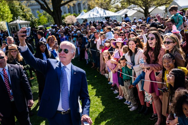 US President Joe Biden greet guest and take selfies during the 2023 White House Easter Egg Roll on the South Lawn of the White House on Monday, April 10, 2023. (Photo by Demetrius Freeman/The Washington Post)