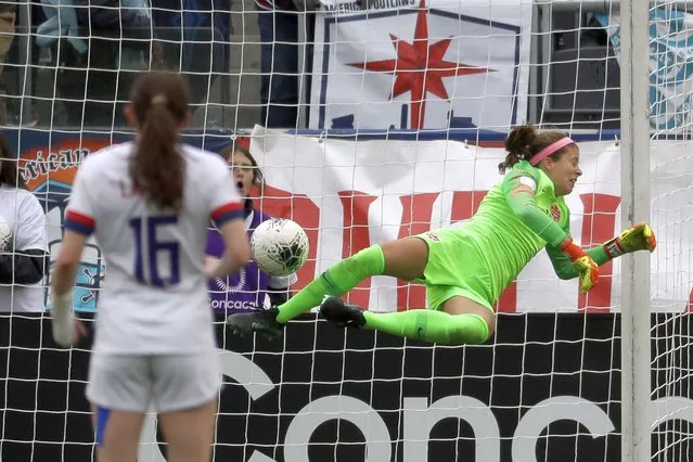 Canada goalkeeper Stephanie Labbe blocks a shot during the first half of a CONCACAF women's Olympic qualifying soccer match against the United States Sunday, February 9, 2020, in Carson, Calif. (Photo by Chris Carlson/AP Photo)