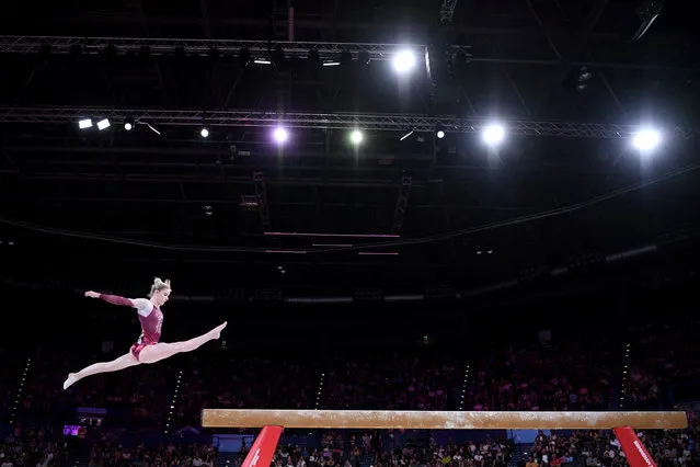 Alice Kinsella of Team England competes on balance beam during the Women's All-Around Final on day three of the Birmingham 2022 Commonwealth Games at Arena Birmingham on July 31, 2022 on the Birmingham, England. (Photo by Laurence Griffiths/Getty Images)