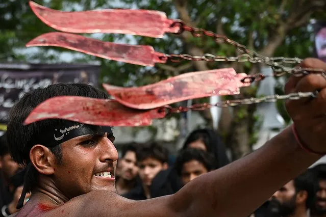 A Shiite Muslim mourner self-flagellates during a Muharram procession on the ninth day of Ashura in Islamabad on August 8, 2022. Ashura is a period of mourning in remembrance of the seventh-century martyrdom of Prophet Mohammad's grandson Imam Hussein, who was killed in the battle of Karbala in modern-day Iraq, in 680 AD. (Photo by Aamir Qureshi/AFP Photo)