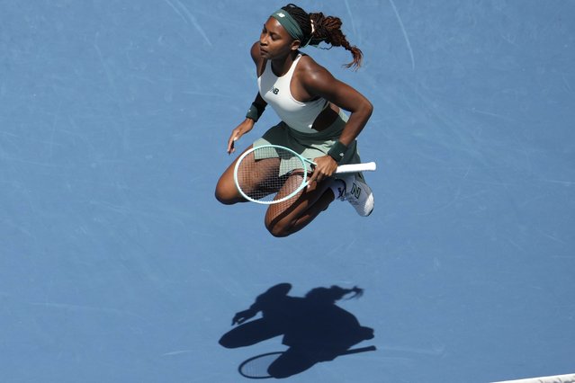 Coco Gauff of the U.S. warms up before a fourth round match against Belinda Bencic of Switzerland at the Australian Open tennis championship in Melbourne, Australia, Sunday, January 19, 2025. (Photo by Mark Baker/AP Photo)