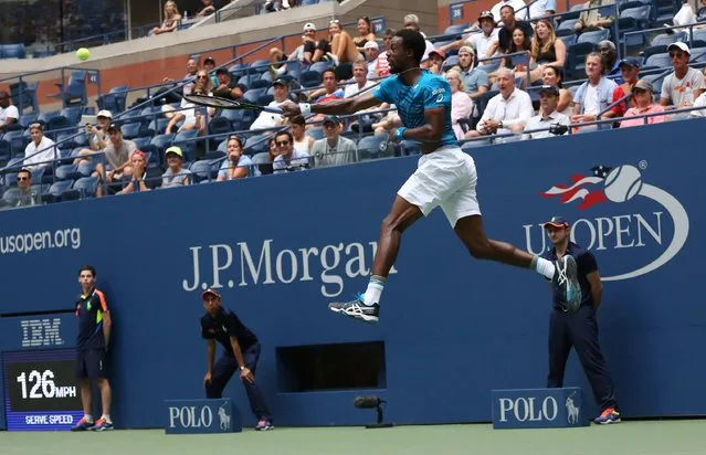 Gael Monfils of France serves to Jan Satral of Czech Republic during their 2016 US Open Men's Singles match at the USTA Billie Jean King National Tennis Center in New York on August 31, 2016. (Photo by Kena Betancur/AFP Photo)