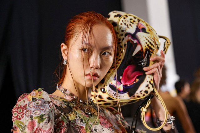 A model poses backstage before the Diesel Fall-Winter 2024/2025 collection show during Milan Fashion Week in Milan, Italy, on February 21, 2024. (Photo by Claudia Greco/Reuters)